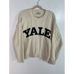 Yale University Sweater Womens L Beige Spell-out Cable Knit Fisherman Chunky